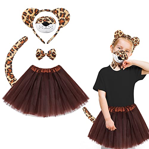 Marsui 5 Stück Fasching Tiger Leopard Kostüm Set Tier Kostüm mit Faschingskleid Tutu Rock Tier Leopard Ohren Stirnband Haarreif Schwanz Fliege Nase Zubehör für Kinder von Marsui