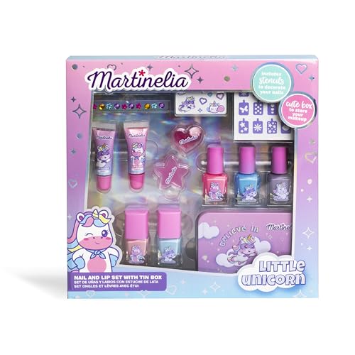 MARTINELIA Schönheits-Set Einhorn für Kinder – Make-up-Set für Mädchen: 5 Nagellack + 2 Lipgloss + 1 Metallbox + Zubehör und Schablonen für Nail Art – Geschenk für Mädchen ab 3 Jahren von Martinelia