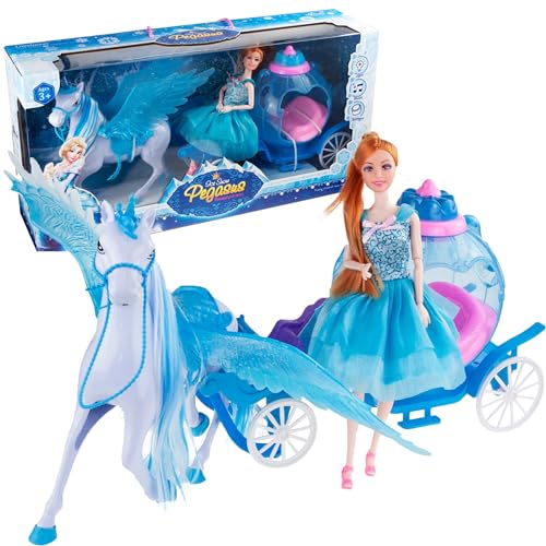 Martom PUPPENWAGEN MIT PEHAZ Einhorn UND PUPPENWAGEN EISLAND, Puppen Kutsche mit Pferd & Puppe - lSpielzeug Puppe - Prinzessin Pferdekutsche - Märchenkutsche von Martom