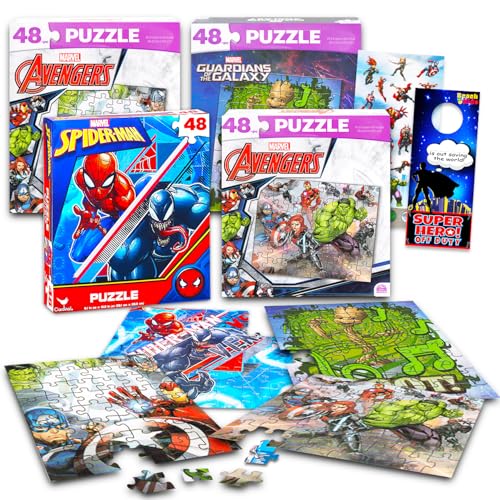 Marvel Heroes Premier-Puzzles-Set – Bündel mit 4 verschiedenen 48-teiligen Avengers- und Spiderman-Puzzles plus Aufklebern und mehr | Marvel Superhelden-Puzzles für Jungen von Marvel