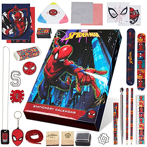 Marvel Adventskalender 2024 mit Schulsachen Schlüsselanhänger Spielzeug für Kinder (Spiderman Mehrfarbig) von Marvel