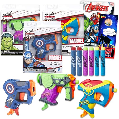 Nerf Marvel Blaster für Kinder – Paket mit 3 Avengers-Nerf-Blastern mit Avengers-Plus-Tattoos, mehr | Marvel Avengers-Outdoor-Spielzeug für Jungen (Hulk, Captain Marvel, Captain America) von Marvel