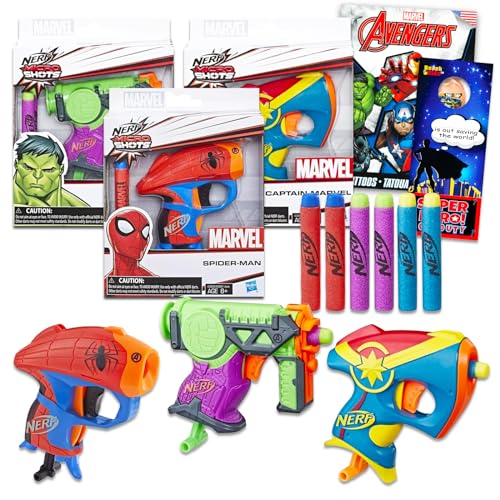 Nerf Marvel Blaster für Kinder – Paket mit 3 Avengers-Nerf-Blastern mit Black-Panther, Spiderman und Captain-America-Plus-Tattoos, mehr | Marvel Avengers, Outdoor-Spielzeug für Jungen von Marvel