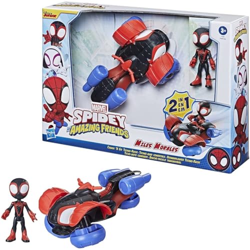 SPIDEY AND HIS AMAZING FRIENDS Marvel Verwandelbarer Techno-Racer und Miles Morales Spider-Man Action-Figur, ab 3 Jahren, 10 centimeters von Marvel