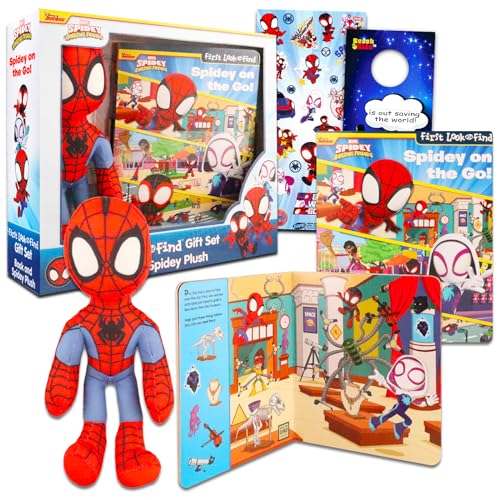 Spidey and His Amazing Friends Spielfigur und Spiderman Look and Find Book - Bundle mit Spiderman-Plüschtier und interaktivem Versteck-Aktivitätsbuch plus Aufklebern, mehr von Marvel