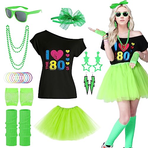 80er Jahre Outfit Damen, Kostüm Damen 80er Jahre Kleidung Damen Set, Kostüm Zubehör Set mit T-Shirt Tutu Stirnband Ohrring Halskette für Mottoparty, Karneval (Grün-Set, 2XL) von Maryparty