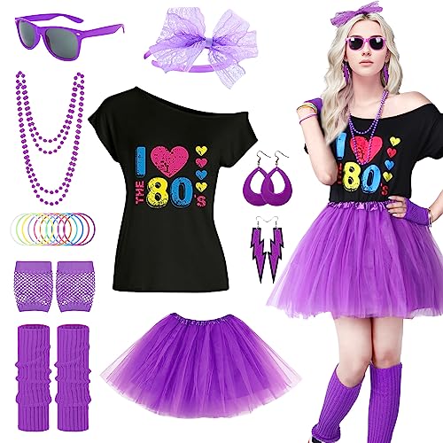 80er Jahre Outfit Damen, Kostüm Damen 80er Jahre Kleidung Damen Set, Kostüm Zubehör Set mit T-Shirt Tutu Stirnband Ohrring Halskette für Mottoparty, Karneval (Lila-Set, 2XL) von Maryparty