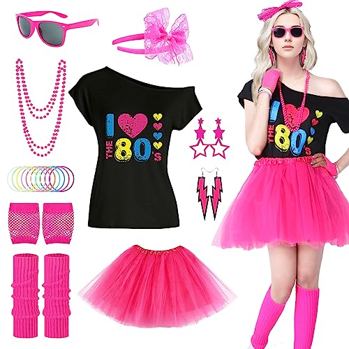 80er Jahre Outfit Damen, Kostüm Damen 80er Jahre Kleidung Damen Set, Kostüm Zubehör Set mit T-Shirt Tutu Stirnband Ohrring Halskette für Mottoparty, Karneval (Rosa-Set, 2XL) von Maryparty