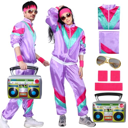 80er Jahre Outfit Damen Herren, Kostüm Trainingsanzug Jacke Hose, Retro Anzug Kostüm, 80er 90er Jahre Herren Damen, Party Accessoires für Faschingskostüm Karneval (lila, 2XL(185-195 cm)) von Maryparty