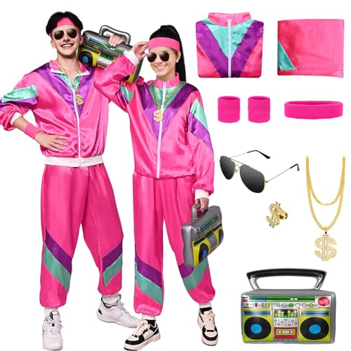 80er Jahre Outfit Damen Herren, Kostüm Trainingsanzug rosa Jacke Hose, Anzug Kostüm 80er 90er Jahre Herren Damen Party Accessoires für HKarneval Faschingskostüm von Maryparty