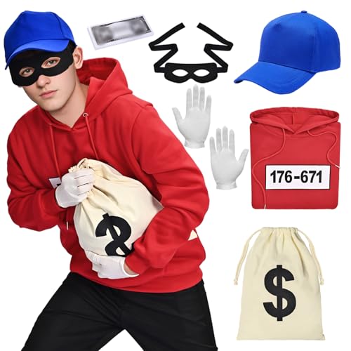 Banditen Kostüm Herren Hoodie mit Maske, Karneval Cosply Kostüm Outfit Sweatshirt Maske Set Cap Handschuhe Einbrecher Bankräuber Verkleidung für Halloween Karneval (rot, L) von Maryparty