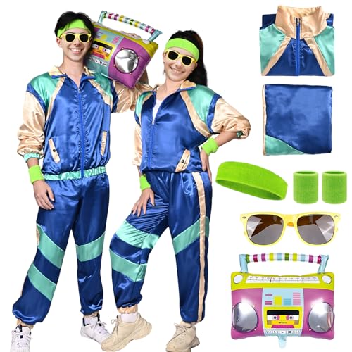 80er Jahre Outfit Damen Herren, Kostüm Trainingsanzug Jacke Hose, Retro Anzug Kostüm, 80er 90er Jahre Herren Damen, Party Accessoires für Faschingskostüm Karneval Halloween (blau, 2XL(185-195 cm)) von Marypaty