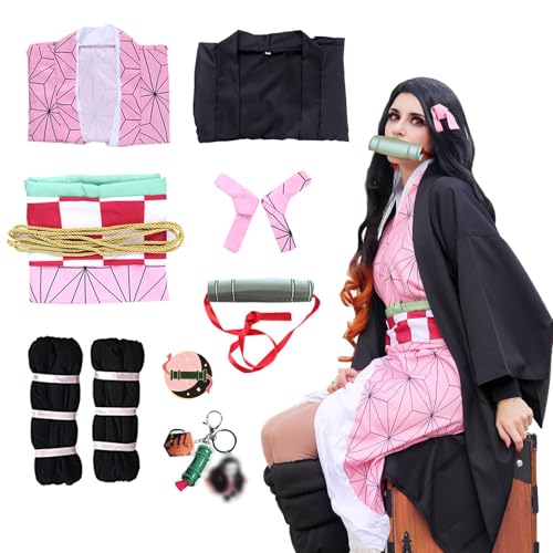 Marypaty Japanese Anime Kamado Nezuko Cosplay Costume, Female Kimono, Coat, Halloween Carnival Set, Cosplay Outfits for Girls and Women (Rosa, 140) von Marypaty