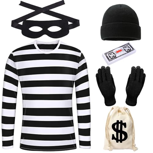 Marypaty Räuber Kostüm Damen, Bankräuber Kostüm für Erwachsener, T-Shirt, Mütze, Handschuhen, Taschen und Augenmaske für Halloween Karneval Cosplay Kostüme (Herren, L) von Marypaty