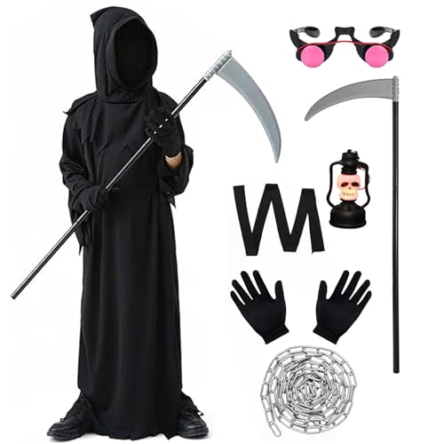 Marypaty Sensenmann Halloween Tod Kostüm für Erwachsener Kinder Herren, 8 Pcs Cosplay Kostüm Sensenmann Umhang Set mit Kapuze (Erwachsene M(160cm-175cm), 1) von Marypaty