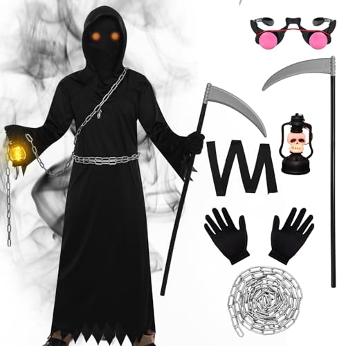 Marypaty Sensenmann Kostüm für Erwachsener Kinder, Cosplay Kostüm Halloween Kostüm Herren Sensenmann Umhang Set mit Kapuze für Halloween, Cosplay, Karneval (Erwachsener, XL(175-185 cm)) von Marypaty