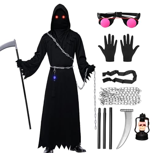 Marypaty Sensenmann Kostüm für Erwachsener Kinder, Cosplay Kostüm Halloween Kostüm Herren Sensenmann Umhang Set mit Kapuze für Halloween, Cosplay, Karneval (Kinder, XL(12-14 Jahre)) von Marypaty