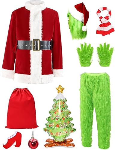 12-teilig Weihnachtskostüm, Grünes Monster-Kostüm für Erwachsene, Weihnachtsmann Kostüm Herren Cosplay kostüm mit Maske Mantel für Weihnachten, grün (XXL(175-185cm)) von Marypaty