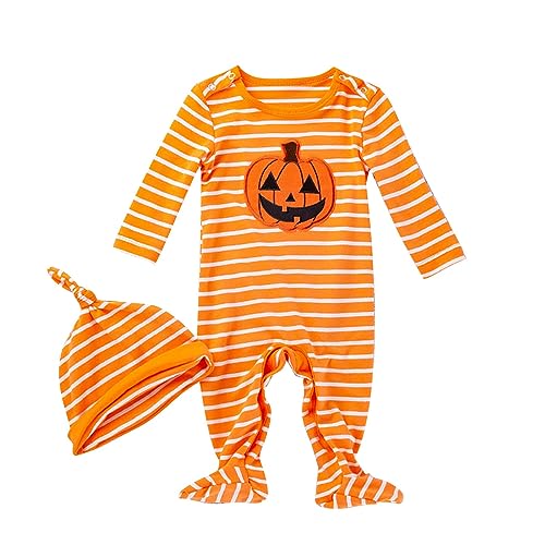 Mashaouyo Baby Mädchen Halloween Langarm Strampler Overall Niedliche Bedruckte Kleidung Und Hut Outfits Schlafanzug Einteilen 92 (B, 0-3 Months) von Mashaouyo