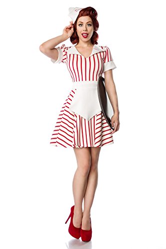 Fasching-Kost?m `Diner Waitress` by MASK PARADISE in Retro Uniform - Wimpelkragen mit Stickerei - breiter ?rmelumschlag - Set: Kleid, Sch?rze, Schiffchen-M?tze - A80046, Weiss-Rot, 36 (Sw 6) von Mask Paradise