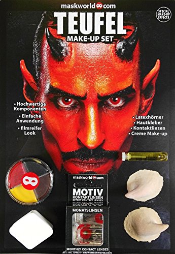 Hochwertiges Halloween Schminke Komplett-Set Teufel mit perfekt abgestimmten Komponenten - Make-Up - Hörner - Hautkleber - Kontaktlinsen - Verkleidung - Party von Maskworld