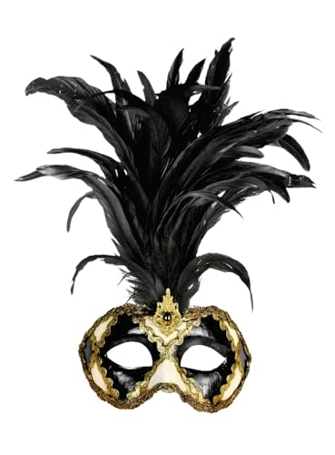 Maskworld Galetto Colombina scacchi bianco nero piume nere - Venezianische Federmaske - traditionell handgefertigt - Carnevale di Venezia von Maskworld