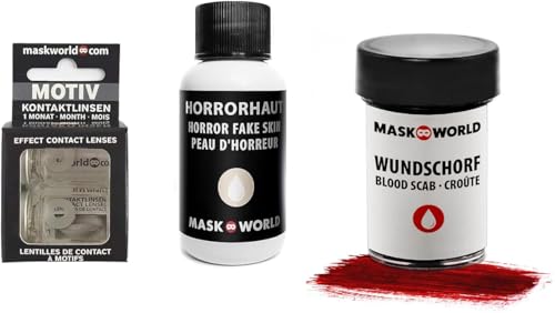 Maskworld Halloween Schmink-Set Zombie XXL - Profi Make-Up Kunstblut Latexmilch Anleitung (Wundschorf + Horrorhaut + Kontaktlinsen) von Maskworld