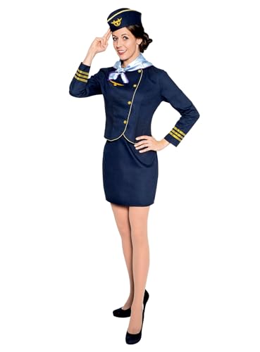 Maskworld Hochwertiges Flugbegleiterin Kostüm mit Flieger Emblem und goldenen Säumen perfekt für Fasching Karneval Mottopartys & Halloween - Stewardess Verkleidung Uniform Anzug - Größe S von Maskworld