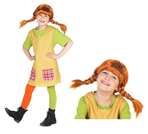 Maskworld Pippi Langstrumpf Komplett Kostüm für Kinder - 4teilig mit Perücke - grün/gelb Lizenz Filmkostüm (110/116) von Maskworld