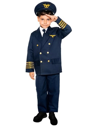 Maskworld Realistisches Piloten Kinder-Kostüm - Verkleidung Uniform Anzug für kleine Flugzeugführer - Karneval Fasching & Halloween - Größe 140 von Maskworld