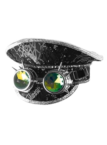 Maskworld Schwarze Glitzersteinchen-Offiziersmütze mit Schweißerbrille - Glänzendes Kostüm-Accessoire zu Karneval & Christopher Street Day von Maskworld