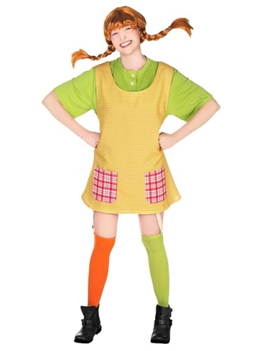 Maskworld Pippi Langstrumpf Kostüm - original lizensiert - Karneval Faschingskostüm Damen mit Baumwoll-Shirt, Schürze, Strümpfen – L von Maskworld