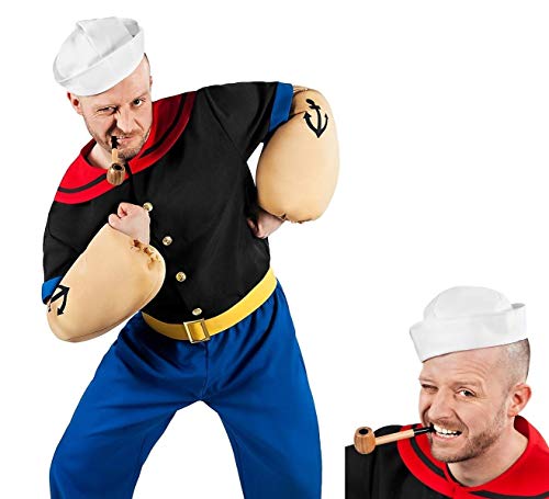 Popeye Comic Seemann Kostüm + Pfeife komplett - 7-teilig mit Hemd, Hose, Muskel-Armen, Matrosenmütze und Pfeife (S) von Maskworld