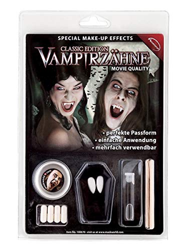 Maskworld Vampir Zähne Deluxe-Set inkl. Dentalmasse/Zahn-Kleber - hochwertige Wiederverwendbare Dracula Weiße Eckzähne für Halloween, Karneval & Fantasy - Classic Edition - Movie Quality von Maskworld