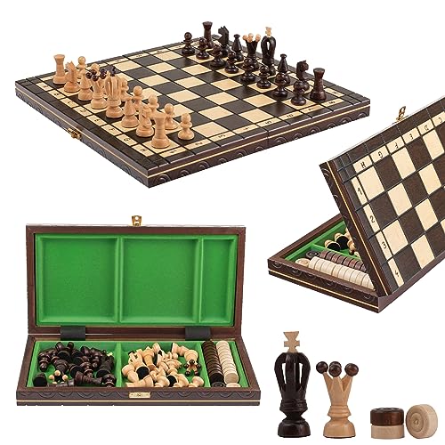 Great Kingdom Schach Spiel und Dame Spiel | Master of Chess Farbe Brune | Chess Set 35cm | Qualität Reise Schachspiel- Handgemachtes Tragbares Schach für Kinder und Erwachsene von Master of Chess