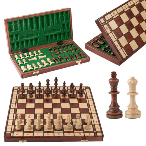 Master of Chess Schachbrett aus Holz mit Schachstücken, Turnier "Jupiter", 42 cm – handgefertigt – Schachspiel Reise faltbar – großes Schachspiel für Kinder und Erwachsene – gewichtete Zahlen von Master of Chess