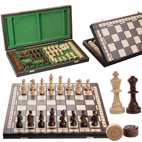 Master of Chess Professional Tournament Nr. 5 Schach- und Damenspiel aus Holz, Deluxe-Schachspiel mit großen Metallteilen und Nebel für Kinder und Erwachsene von Master of Chess