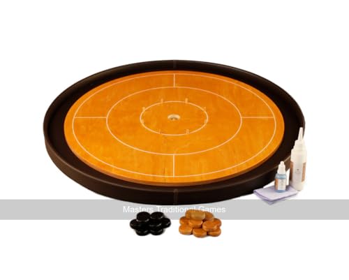 Masters Crokinole Tournament Board - Beech and Chocolate - Leatherette Ditch (with Discs, Powder and Wax Wipe Set) von Masters Traditional Games