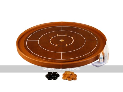 Masters Crokinole Tournament Board - Walnut and Cognac - Leatherette Ditch (with Discs, Powder and Wax Wipe Set) von Masters Traditional Games