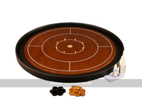 Masters Crokinole Tournament Board - Walnut and Ebony - Leatherette Ditch (with Discs, Powder and Wax Wipe Set) von Masters Traditional Games