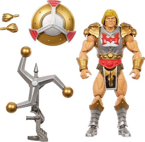 Masters of the Universe Masterverse Actionfigur ca. 18 cm groß, New Eternia Flying Fists He-Man, MOTU Spielzeug, rotierende Waffe und Schild, 30 Bewegungspunkte, JBP75 von Masters of the Universe