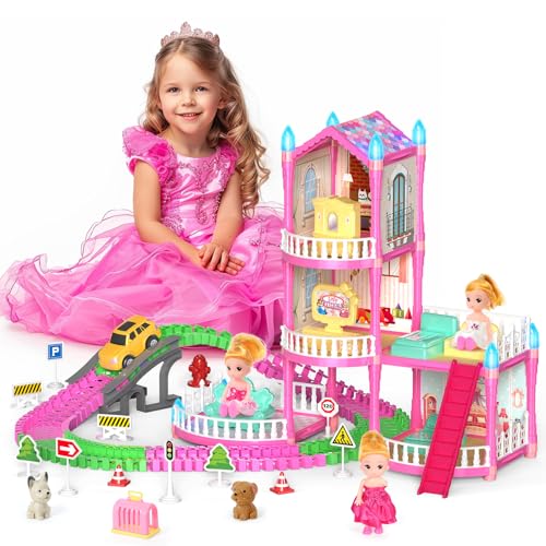 Puppenhaus für Mädchen, Mastom Puppenmädchen Häuser mit Gleis Auto Spielzeug, Puppen, Haustiere, Auto, Möbel und Zubehör, Rosa Traumprinzessin Schloss Spielset Spielzeug Geschenke für Kleinkind von Mastom