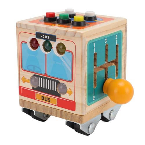 Masyrt Baby Sensory Wooden Activity Cube, Busförmiges Lernbrett mit Elektronischer Schaltersimulation für Lernen und Entwicklung von Masyrt