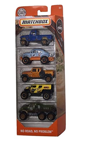 Matchbox 2019 MBX No Road, No Problem 5er Set (Jeep Willys 4x4, Volkswagen Beetle 4x4, Jeep Gladiator, GHE-O Rescue, Road Mauler) von Matchbox