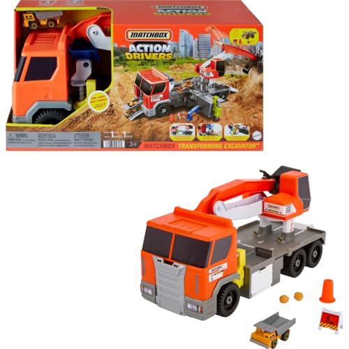 Matchbox Action Drivers Transforming Excavator - Spielzeug-Baulastwagen mit Bohrstation, Kran und Felsentrichter und Muldenkipper, HPD64 von Matchbox