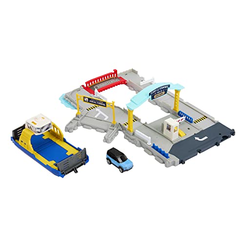 Matchbox Autos Spielset, Ferry Port Set, herausfahrbare Fähre auf Rädern, von Autos und von Kindern aktivierte Features, enthält 1 Land Rover, HMH29 von Matchbox