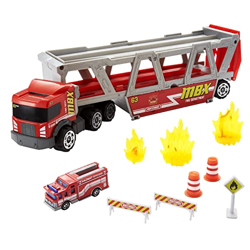 Matchbox HHJ12 - Feuerwehr-Rettungswagen Spielset, 1 Feuerwehr- Fahrzeug, Platz für 16 Autos, leicht lösbare Rampe, 8 Zubehörteile und Aufbewahrungsmöglichkeit, Autospielzeug für Kinder ab 3 Jahren von Matchbox