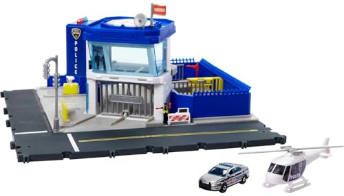 Matchbox HHW22 - Action Drivers Polizeiwache-Spielset mit 1 Hubschrauber & 1 Ford Polizeiauto, mit Lichtern & Geräuschen, Spilezeugauto für Kinder ab 3 Jahren von Matchbox