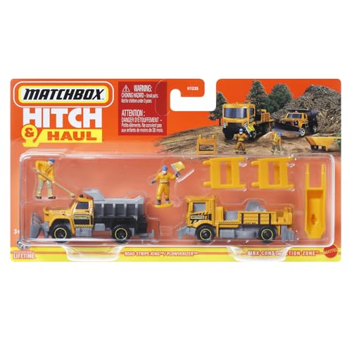 Matchbox HVP28 – MBX Construction Zone – Road Stripe King und Plowverizer Muldenkipper aus Druckguss-Metall zum Sammeln, inklusive 2 Figuren und Zubehör von Matchbox