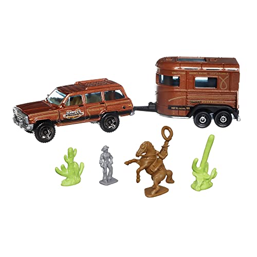 Matchbox Hitch & Haul Druckguss-Fahrzeug-Spielset – Cowboy Rodeo Round-Up ~ 6-teiliges Set ~ SUV inspiriert von 1988 Wagoneer ~ Enthält Pferdeanhänger, Cowboy auf Pferd, Cowboy stehend und zwei von Matchbox